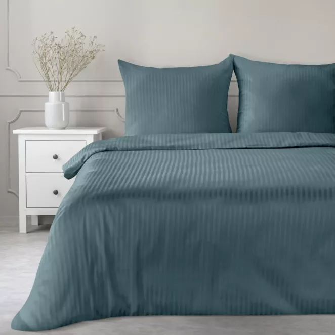 Pościel 160x200 cm satyna bawełniana kolor morski w drobne prążki VERA Eurofirany