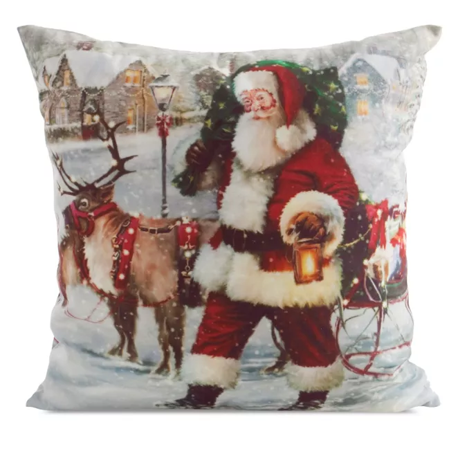 Poszewka na poduszkę 45x45 cm welwetowa czerwono, biała zdobiona świątecznym nadrukiem Mikołaja Eurofirany