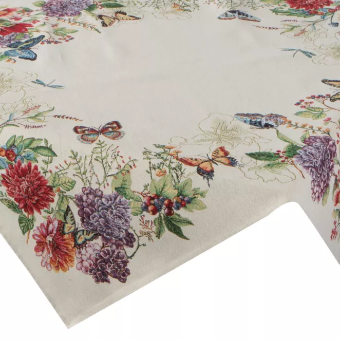 Obrus naturalno, czerwony 100x100 cm gobelinowy z nadrukiem letnich kwiatów z motylami
