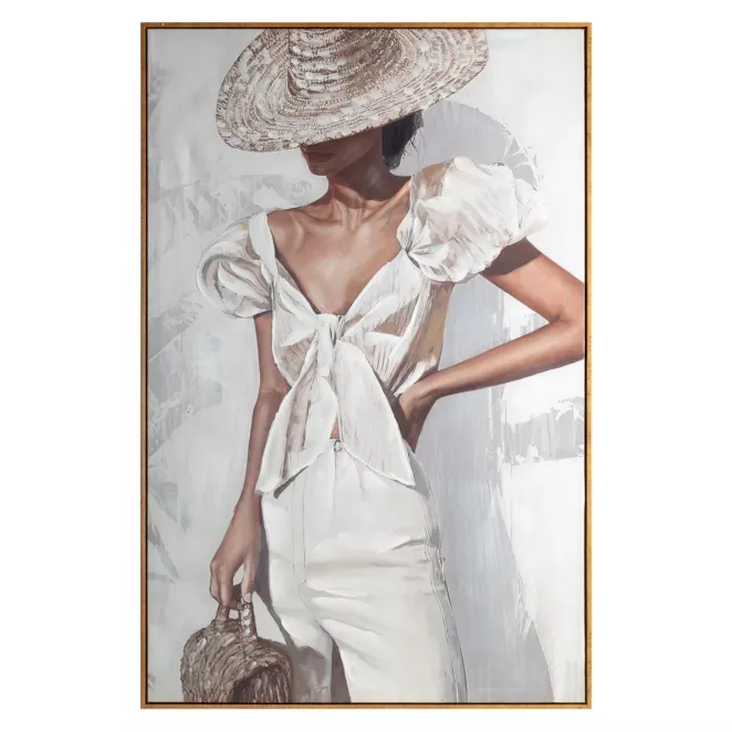 Obraz kremowo, beżowy ręcznie malowana kobieta na płótnie  oprawiony w ramę 80x120 cm Eurofirany