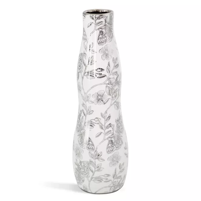 Wazon dekoracyjny biało, srebrny zdobiony roślinnym wzorem 11x35 cm RITA Eurofirany