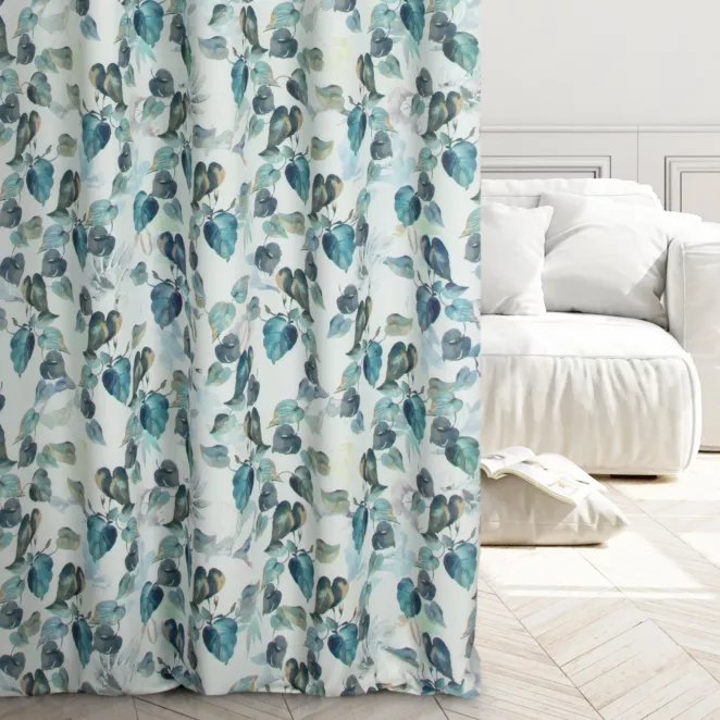 Zasłona szyta na taśmie fala niebiesko zielona z tkaniny o naturalnym splocie z drukowanym wzorem liści