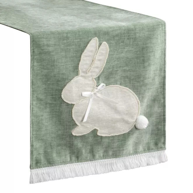 Wielkanocny bieżnik na stół 40x140 cm zielono, beżowy zdobiony zajączkiem i frędzlami - WIOSNA Eurofirany