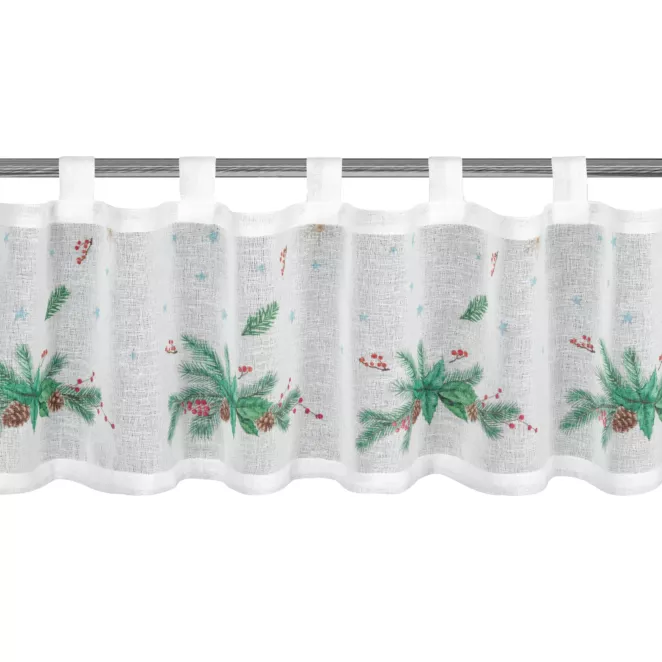 Zazdrostka świąteczna biało, zielona z etaminy zdobiona nadrukiem z motywem świątecznym 150x30 cm szelki - XMAS 4 Eurofirany