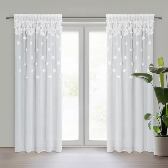 Firana biała z szyfonu zdobiona trójwymiarowymi różami 140x270 cm taśma - DIANA Eurofirany