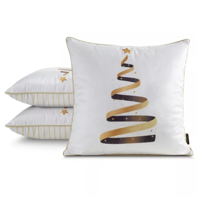 Poszewka na poduszkę świąteczna 45x45 cm welwetowa biało, złota zdobiona nadrukiem i ozdobną wypustką Eurofirany