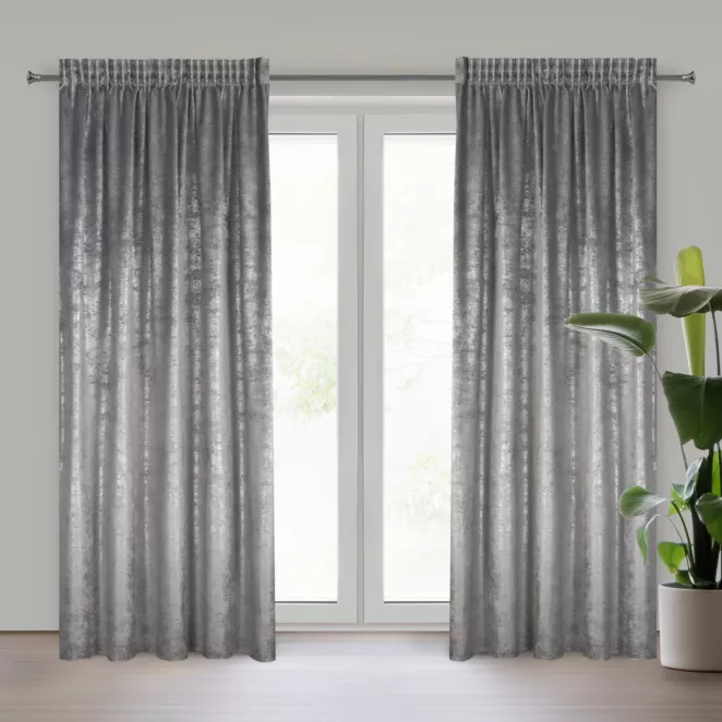 Zasłona stalowo, srebrna welwetowa z przecieranym błyszczącym nadrukiem 135x270 cm taśma - AVENA Eurofirany