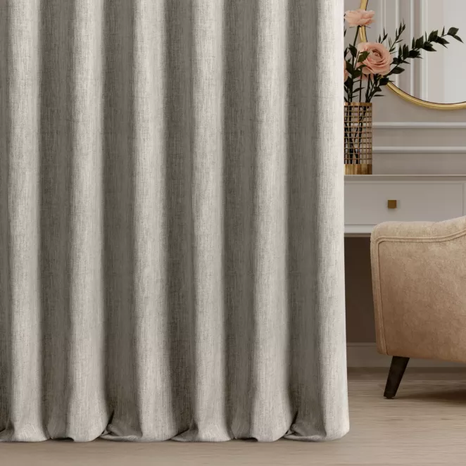 Zasłona szyta na flexach beżowa z tkaniny o naturalnym splocie z efektem melanżu