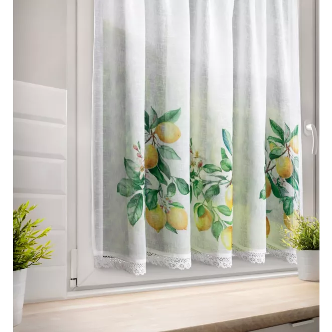 Zazdrostka biało, zielona z etaminy zdobiona nadrukiem cytryn 90x150cm tunel CLOE Eurofirany