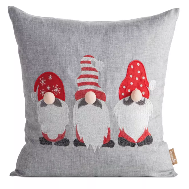 Poszewka na poduszkę świąteczna 45x45 cm srebrno, czerwona zdobiona haftowanym motywem skrzatów Eurofirany