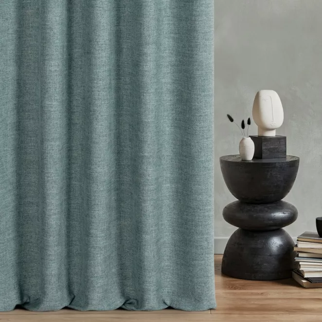 Zasłona szyta na taśmie fala ciemnomiętowa tkanina o naturalnym charakterze z efektem melanżu