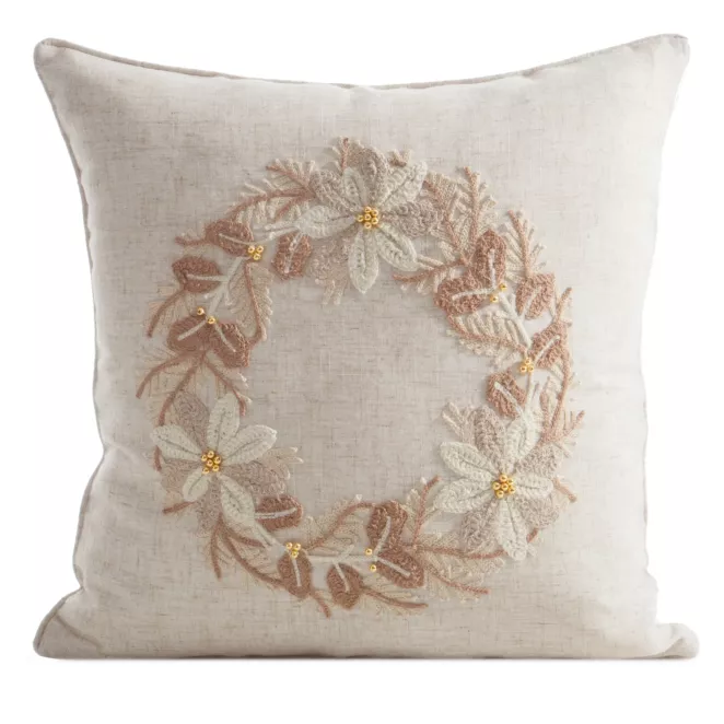 Poszewka na poduszkę świąteczna 45x45 cm o strukturze lnu beżowa zdobiona aplikacją Eurofirany