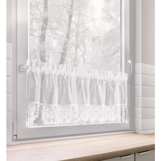 Zazdrostka świąteczna biała z etaminy zdobiona luźno zwisającymi gwiazdkami 150x30 cm tunel - XMAS Eurofirany