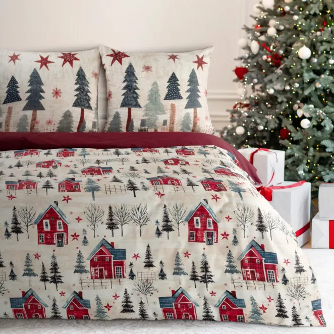 Pościel świąteczna 220x200 cm satyna bawełniana kolor bordowy, ciemnokremowy z nadrukiem zimowego miasteczka ASHER Eurofirany