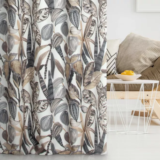 Zasłona szyta na taśmie fala beżowo grafitowa z tkaniny o naturalnym splocie z nadrukowanym kwiatowym wzorem