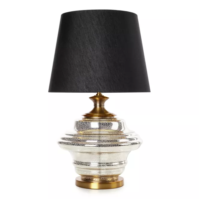 Lampa stołowa do salonu czarno, złota AMARI zdobiona szklaną podstawą i lekko szenilowym abażurem Eurofirany
