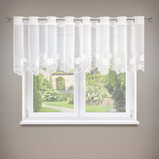 Firana biała z drobnej siateczki zdobiona subtelnym haftem 350x70 cm przelotki - LETI Eurofirany