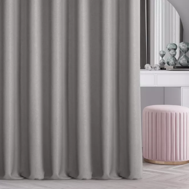 Zasłona szyta na przelotkach szara o naturalnym charakterze, z widocznym, ozdobnym splotem