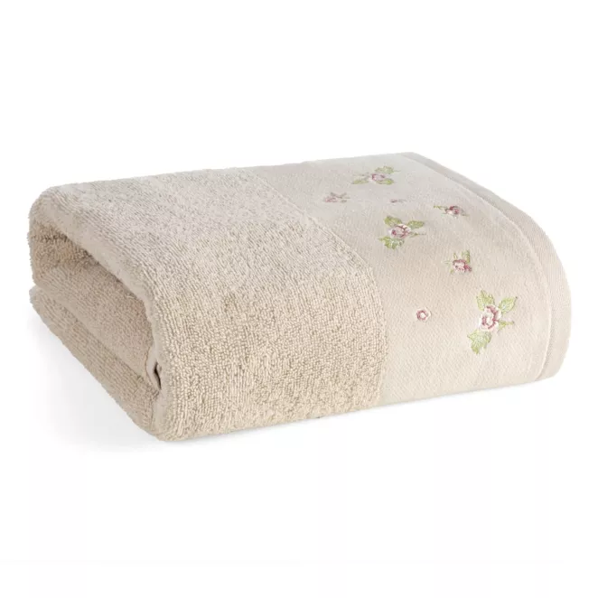 Ręcznik kąpielowy 70x140 cm bawełniany kolor beżowy zdobiony welurową bordiura i haftem DALIA Eurofirany