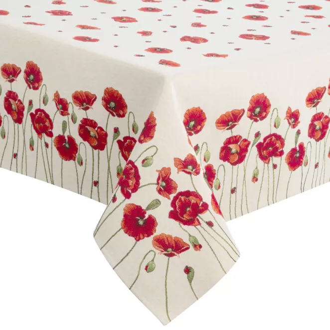 Obrus naturalno, czerwony 140x180 cm gobelinowy zdobiony motywem maków Eurofirany