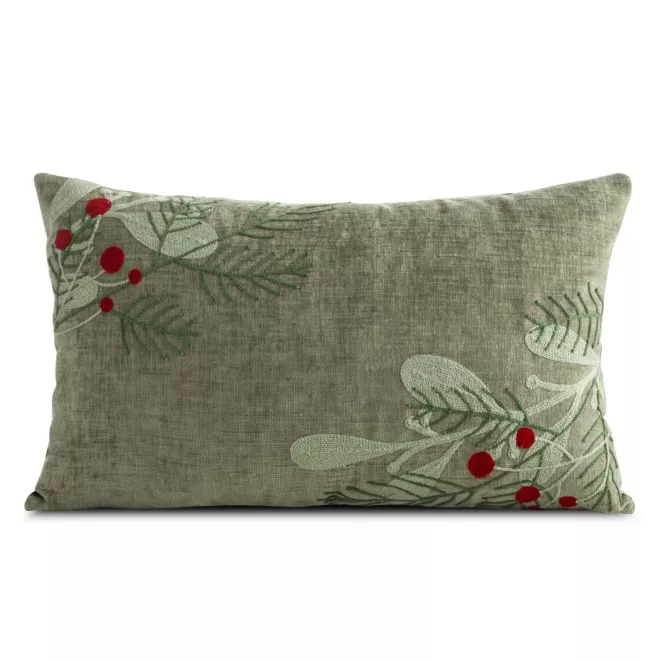 Poszewka na poduszkę świąteczna 30x50 cm welwetowa zielono, czerwona z szenilu zdobiona haftem Eurofirany
