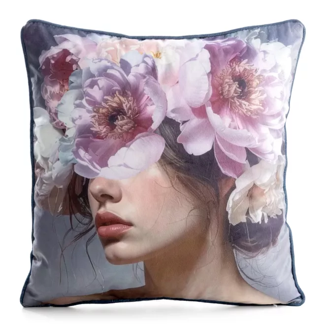 Poszewka na poduszkę 45x45 cm welwetowa niebiesko, różowa z portretem kobiety VELVET 210 Eurofirany