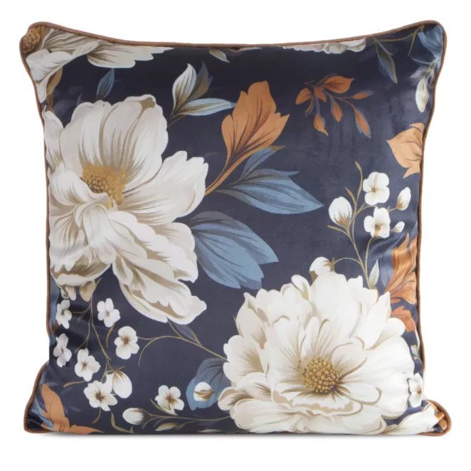 Poszewka na poduszkę 45x45 cm welwetowa granatowo, kremowa z nadrukiem kwiatów FLORA