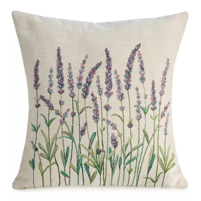 Poszewka na poduszkę 45x45 cm bawełniana, gobelinowa naturalno, zielona z nadrukiem lawendy GOBELIN Eurofirany