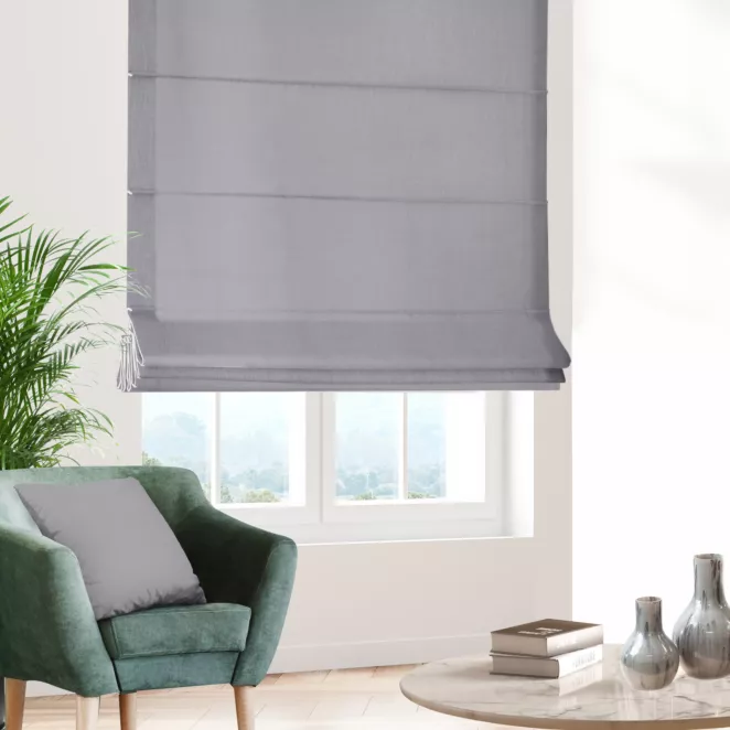 Roleta rzymska jasnoszara o naturalnym, gęstym splocie w stylu eko