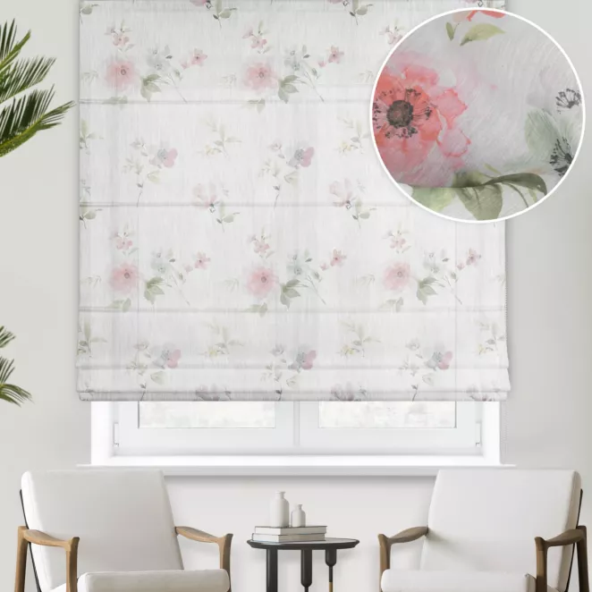 Roleta rzymska biało jasnopomarańczowa z miękkiej tkaniny batystowej z nadrukiem w kwiaty