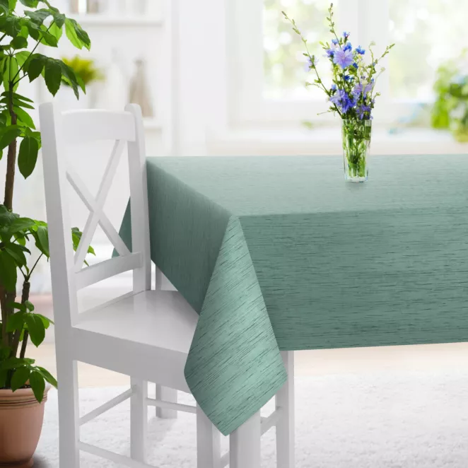 Obrus szyty miętowy z tkaniny welwetowej w pionowe prążki, wykończona obciążnikiem