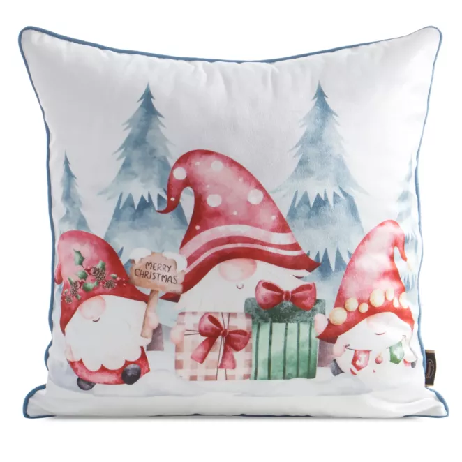 Poszewka na poduszkę świąteczna 45x45 cm biało, czerwona zdobiona uroczym nadrukiem krasnali i elegancką wypustką Eurofirany