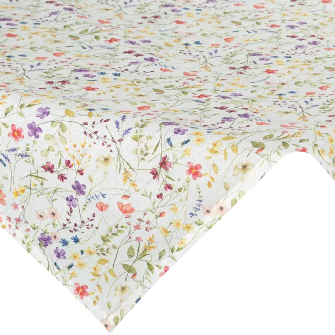 Obrus na stół plamoodporny 85x85 cm biało, fioletowy z motywem drobnych kwiatów - ANNA Eurofirany