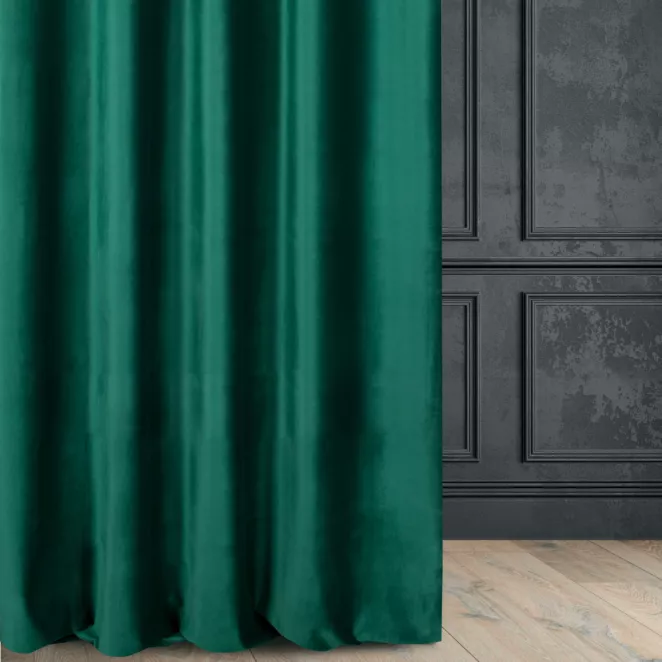 Zasłona szyta na taśmie fala ciemnozielona z miękkiej półmatowej tkaniny welwetowej