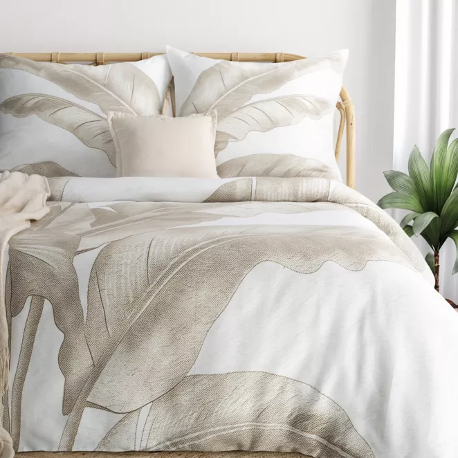 Pościel 220x200 cm komplet 3 częściowy satyna bawełniana kolor ciemnobeżowy, jasnokremowy zdobiony motywem roślinnym SPRING 102 Eurofirany