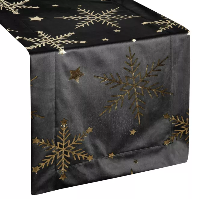 Bieżnik świąteczny 40x140 cm czarno, szampański welwetowy zdobiony błyszczącym nadrukiem Eurofirany