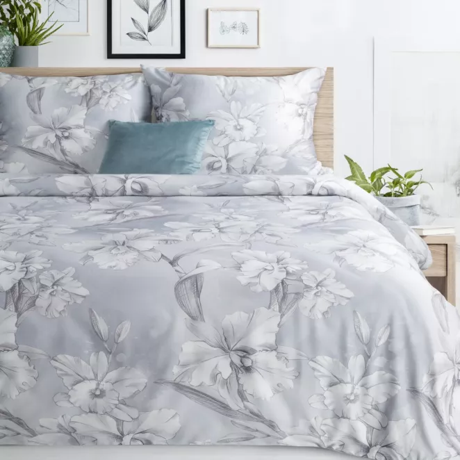 Pościel 160x200 cm komplet 3 częściowy z makosatyny bawełnianej kolor jasnoniebieski, biały z motywem kwiatów Eurofirany Premium