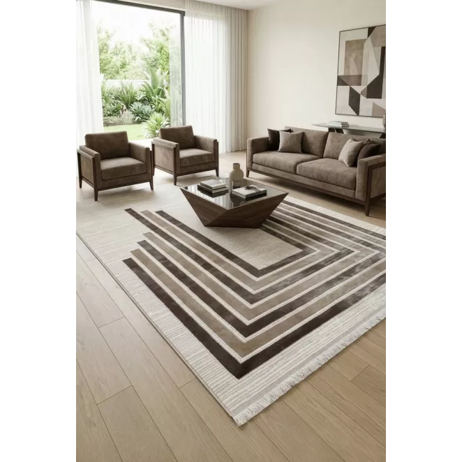 Dywan 60x100 cm biało, brązowy zdobiony geometrycznym wzorem AURA6 Eurofirany