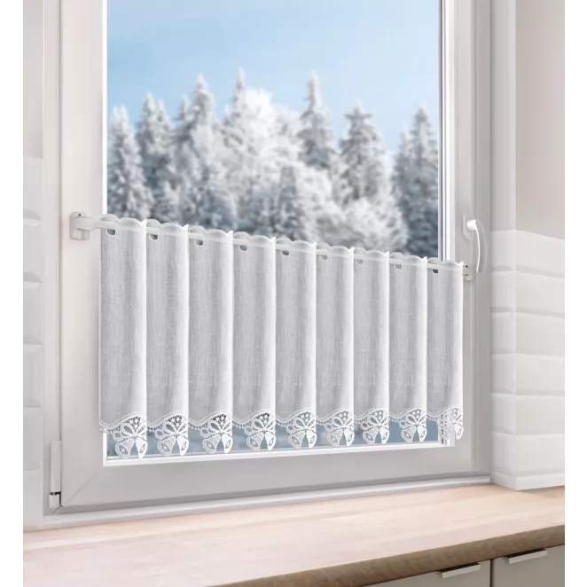 Tkanina firanowa zazdrostka z ażurowym haftem świątecznym w formie dzwoneczków Eurofirany