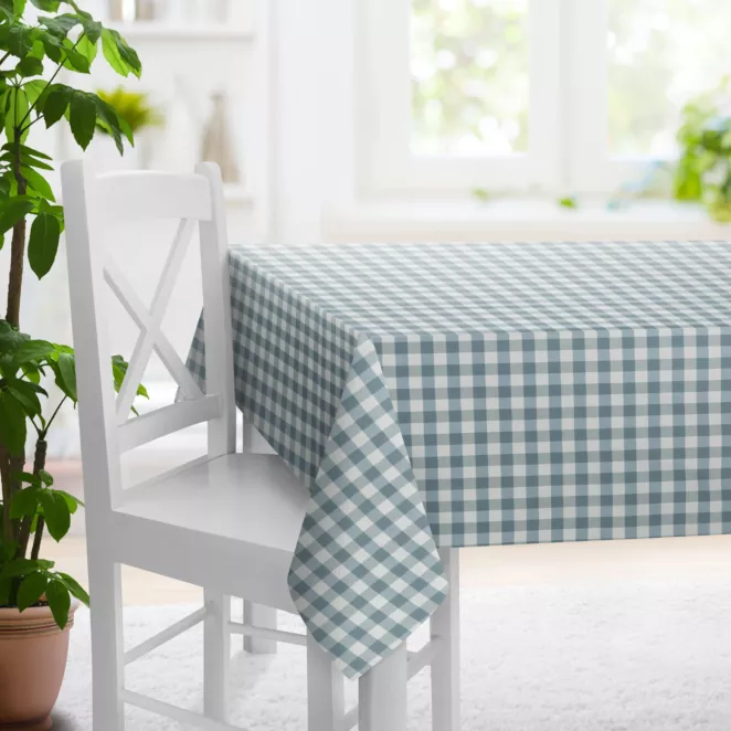 Obrus szyty naturalno turkusowy z tkaniny w kratę