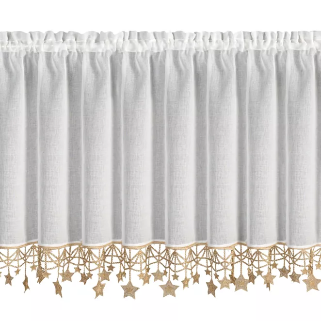 Zazdrostka świąteczna biało, złota z etaminy zdobiona luźno zwisającymi gwiazdkami 150x60 cm tunel - XMAS Eurofirany