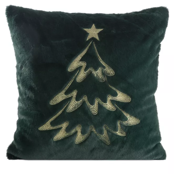 Poszewka na poduszkę świąteczna 45x45 cm ciemnozielono, szampańska z przyjemnego futerka zdobiona haftem choinki Eurofirany