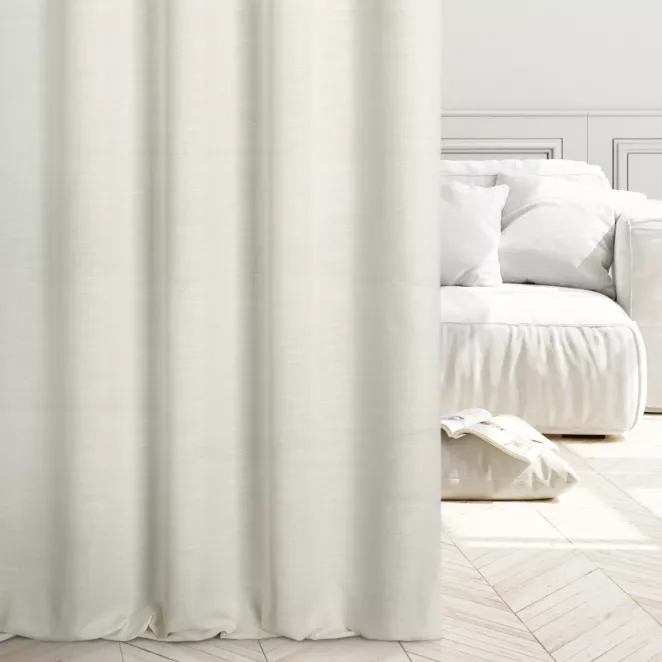 Zasłona szyta na flexach naturalno beżowa z tkaniny o naturalnym splocie, w stylu ekologicznym