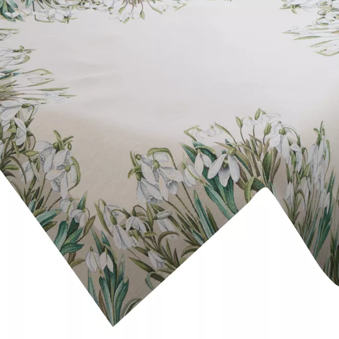 Obrus na stół naturalno, biały 100x100 cm gobelinowy z motywem przebiśniegów Eurofirany