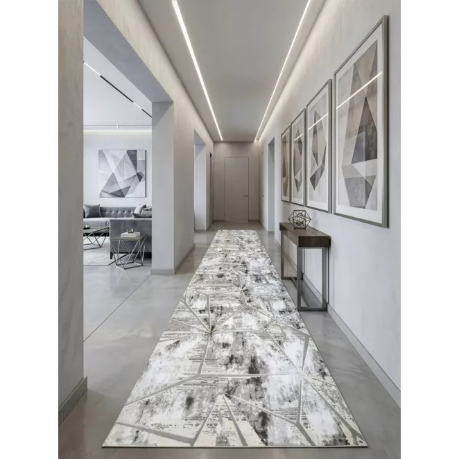 Dywan 60x100 cm stalowo, biały zdobiony geometrycznym przestrzennym wzorem MILAN5 Eurofirany