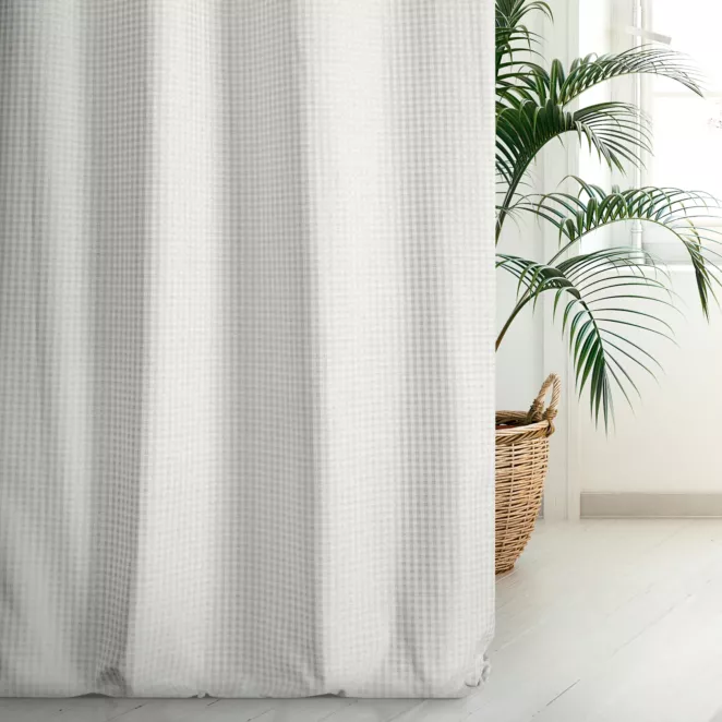 Zasłona szyta na taśmie fala FLAVIO kremowo szampańska z dwustronnej tkaniny, deseń w krateczkę z dodatkiem srebrnej nici