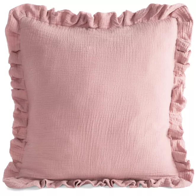 Poszewka na poduszkę 45x45 cm muślinowa z ozdobną falbanką na brzegach pudrowa MUŚLIN 1 Eurofirany
