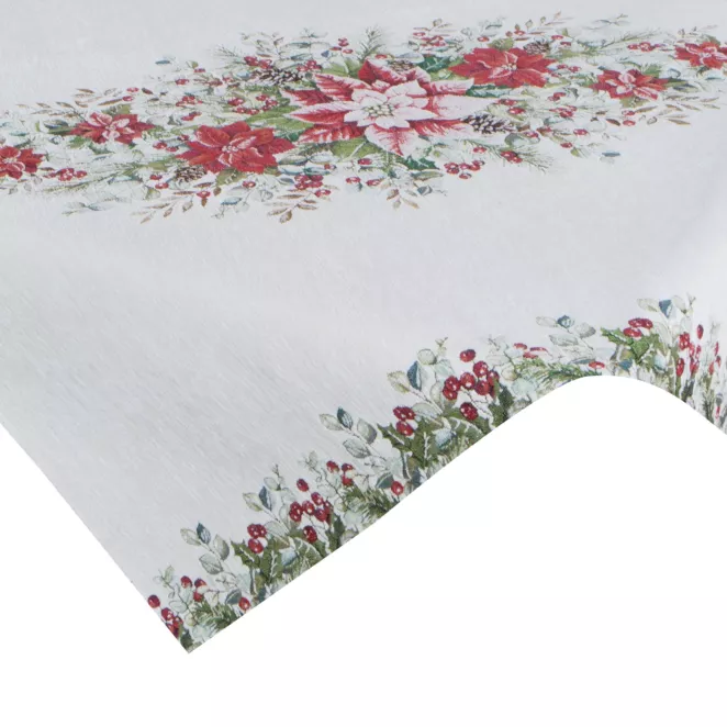 Świąteczny obrus kolor naturalno, zielony 100x100 cm z szenilowej tkaniny zdobiony świątecznym motywem Eurofirany