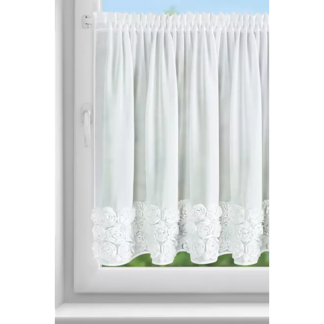 Zazdrostka z szyfonu biała zdobiona pasem aplikacji 3D róż 90x150 cm taśma ROSES Eva Minge Eurofirany