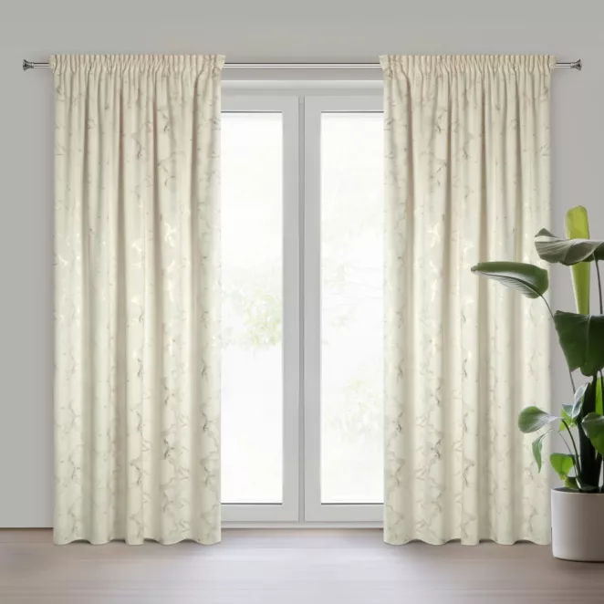 Zasłona kremowo, szampańska welwetowa zdobiona błyszczącym nadrukiem 140x250 cm taśma - RAJA Eurofirany